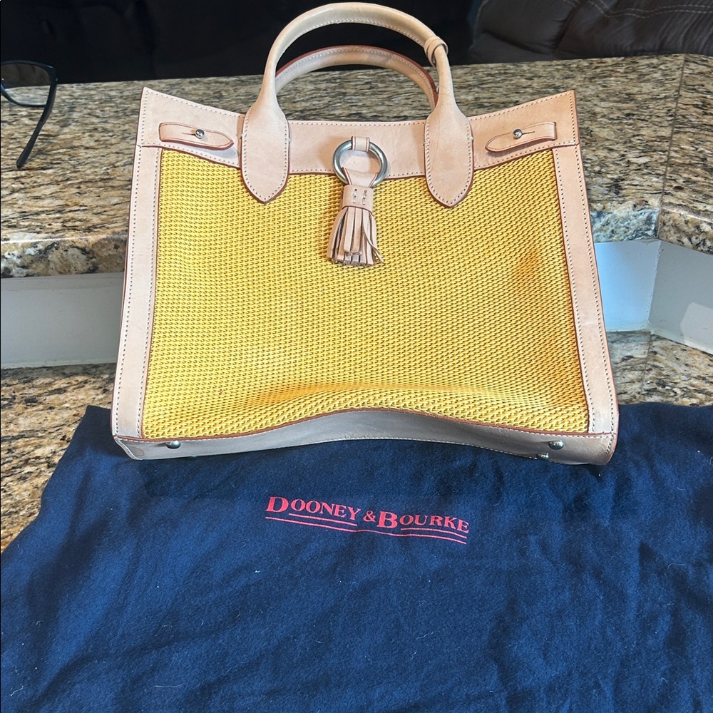 Dooney & Bourke Yellow Woven Tote with Natural Leather Trim and Tassel